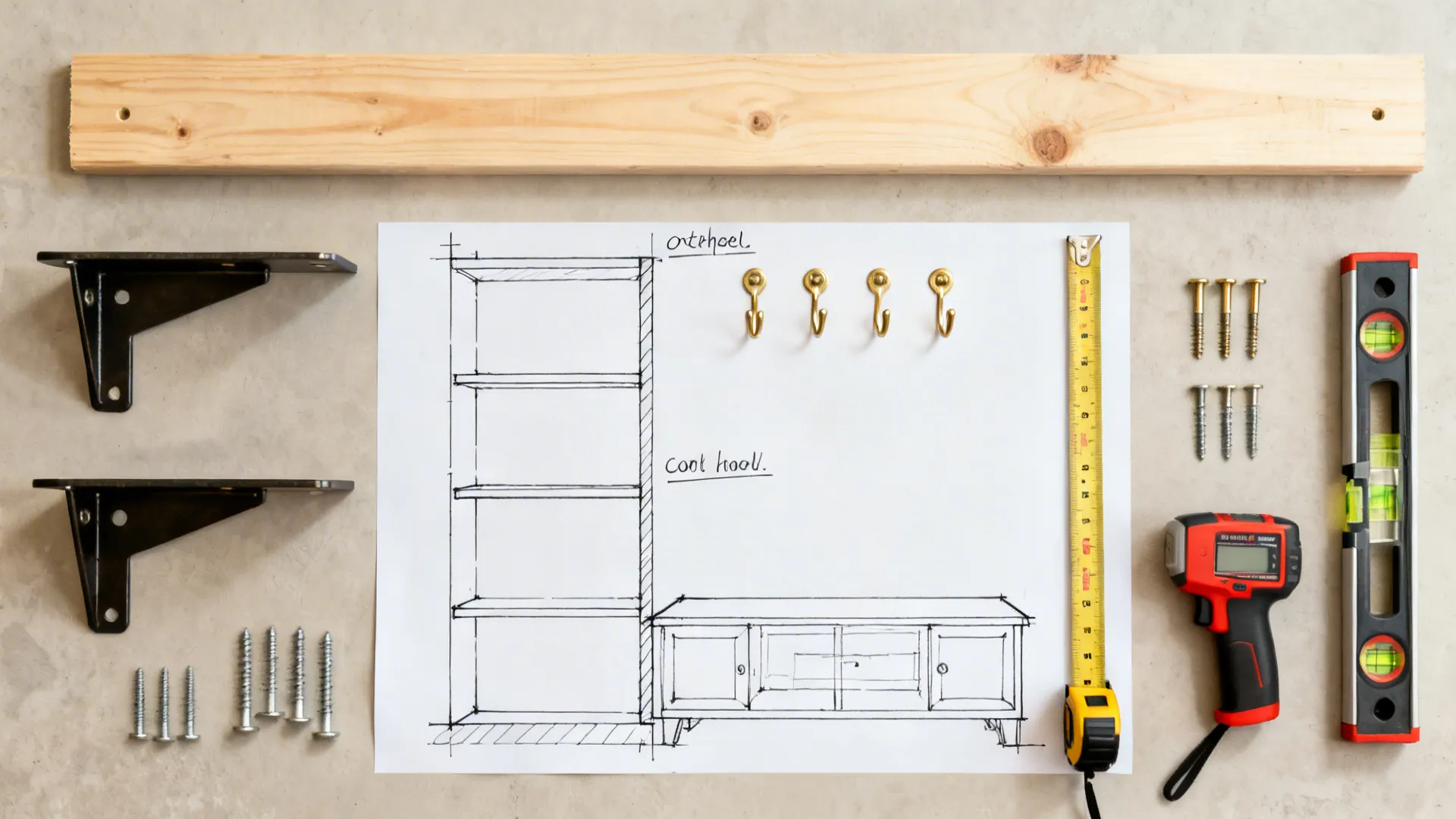 Flat lay with brackets, hooks, anchors, and a sketched plan dividing wall storage zones.