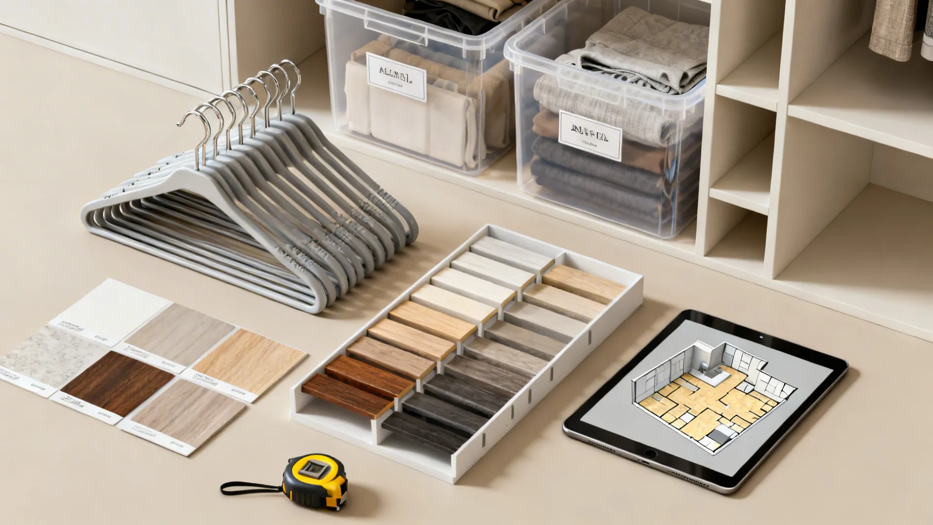 Flatlay of hangers, labeled bins, shelving swatches, measuring tape and a tablet with a 3D planner.