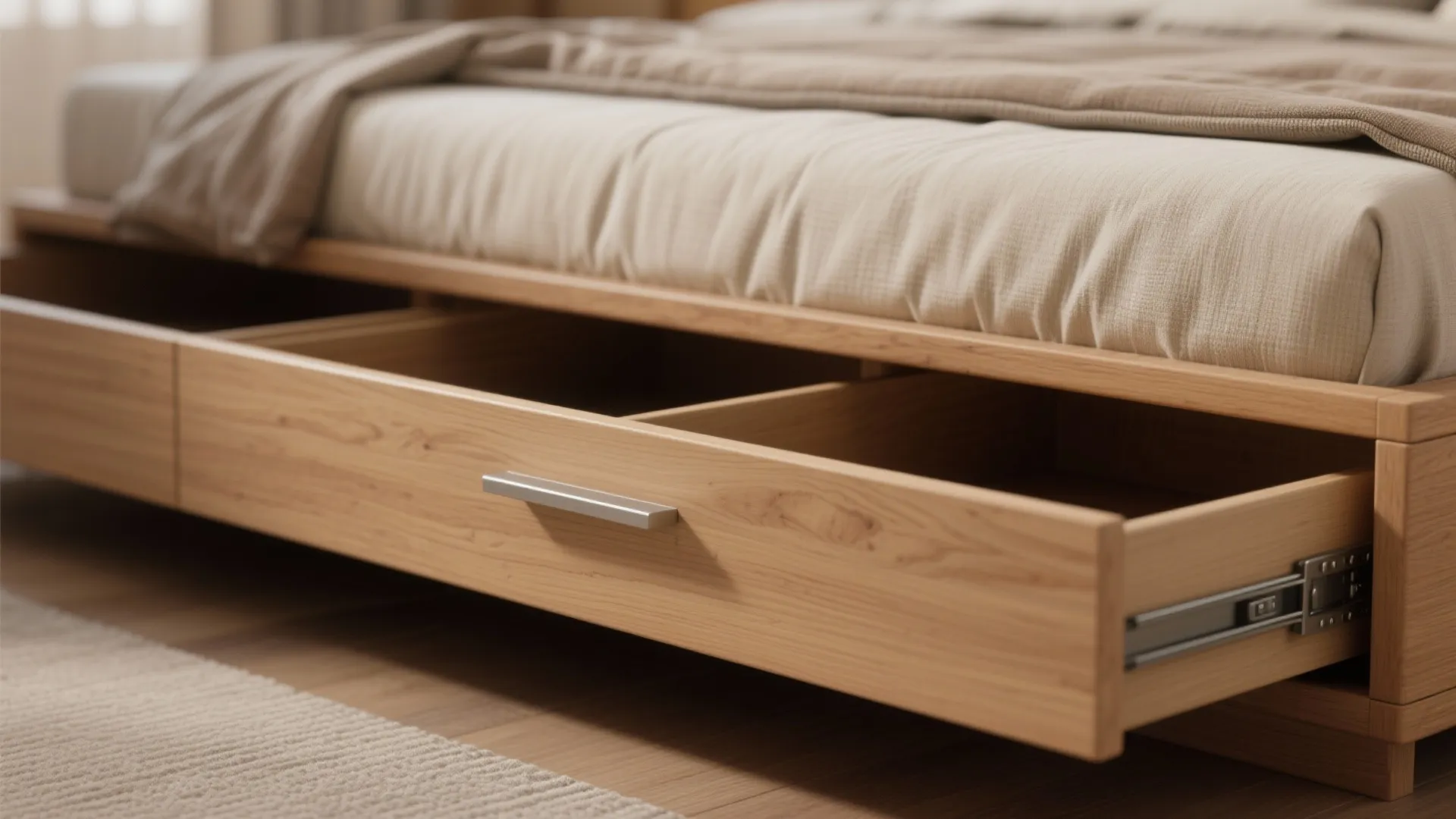 Wooden bed frame with large open storage drawer underneath showing metal tracks and beige bedding