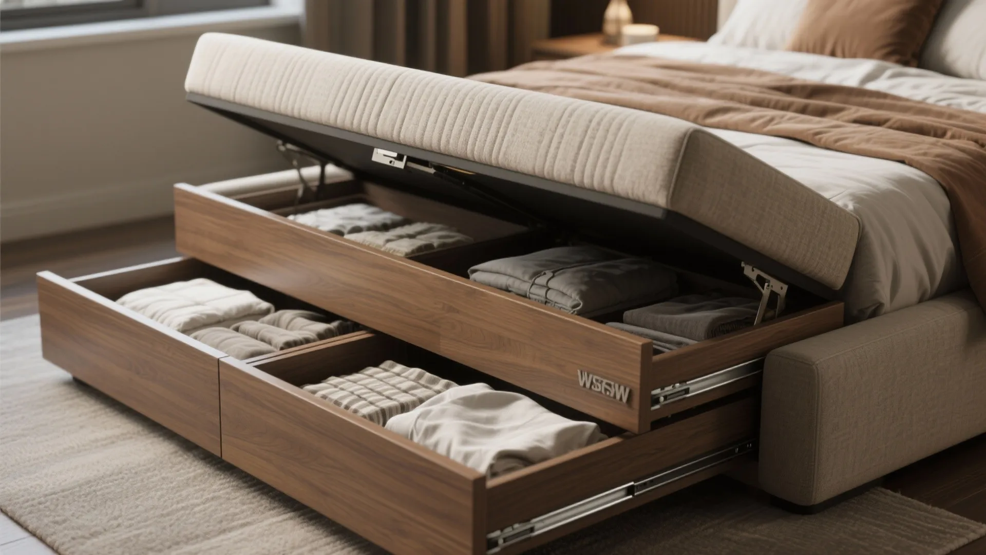 Bed with built in wooden storage drawers pulled out to show neatly folded clothes inside