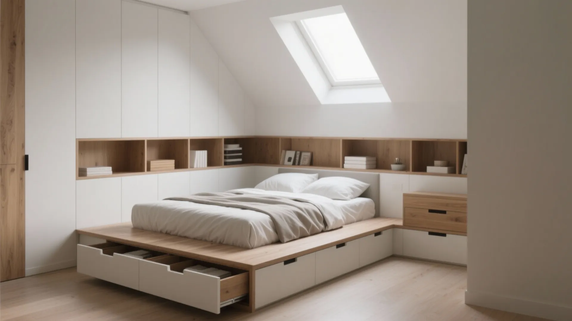Modern white bedroom with wood platform bed featuring built-in storage drawers and a large roof window
