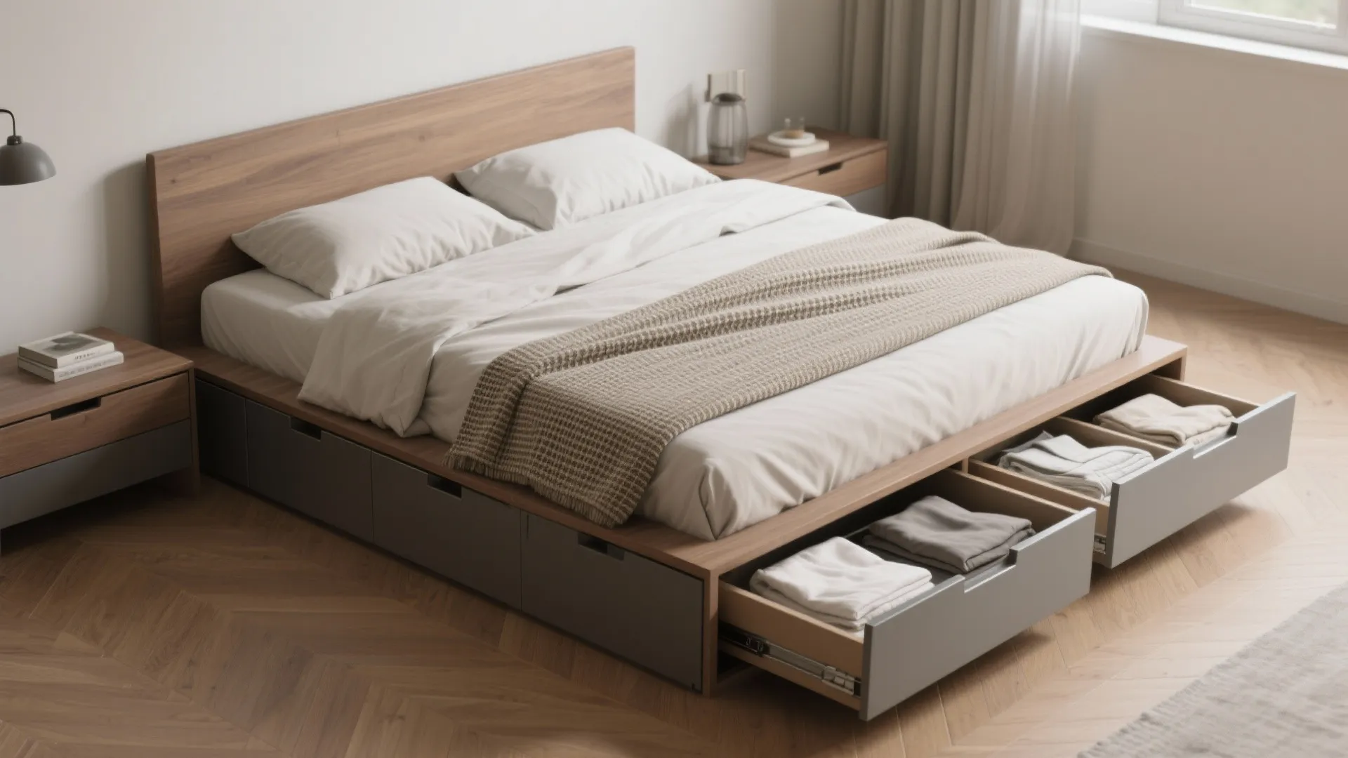 Low platform bed with integrated storage drawers open, showing organized linens in a compact bedroom.