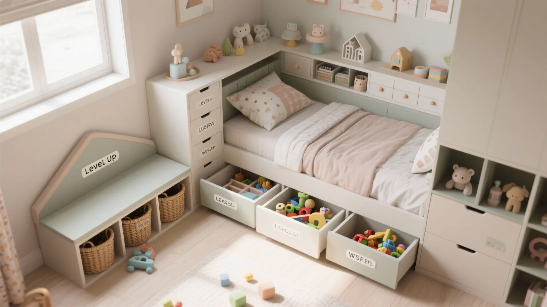 Organized kids bedroom featuring bed with storage drawers filled with toys and white wall shelves