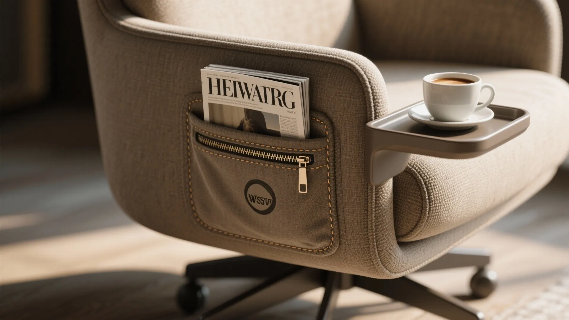 Close-up of a swivel chair's side pocket and built-in tray with cup and magazine