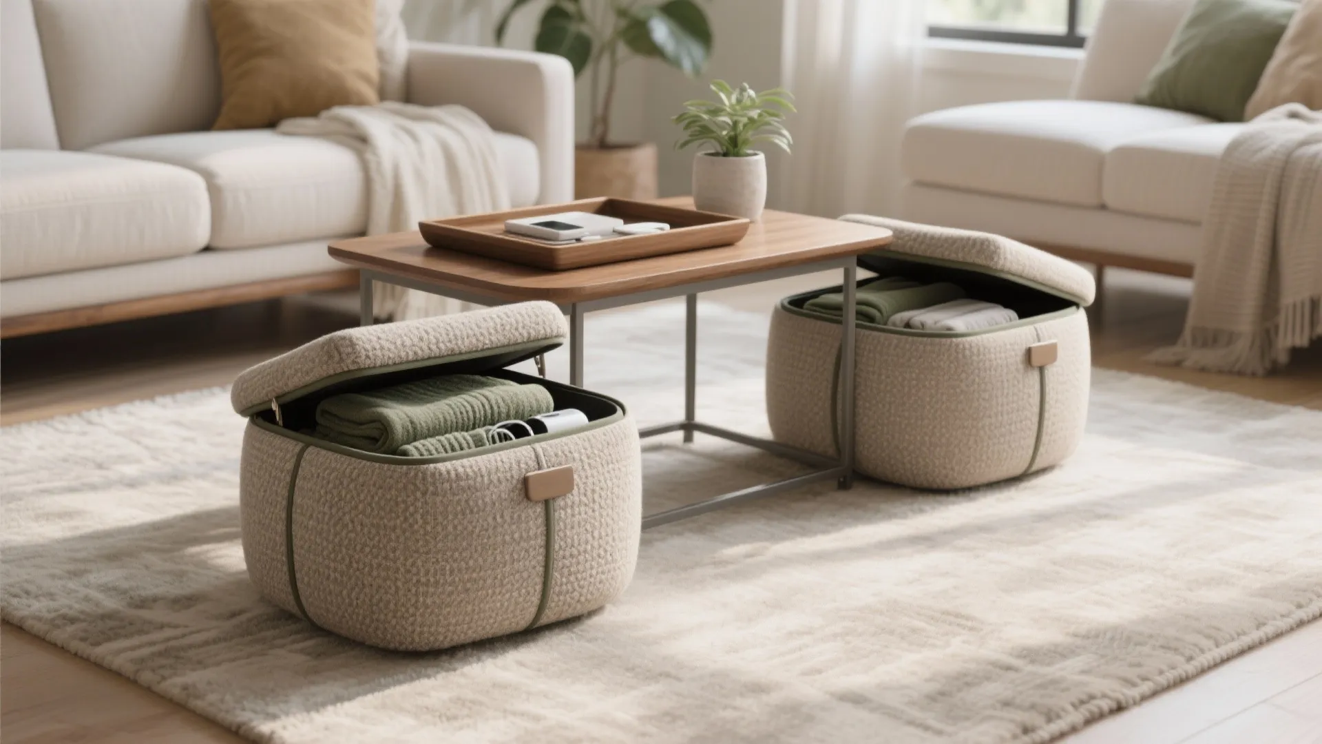 2) Plush pouf stools with hidden storage