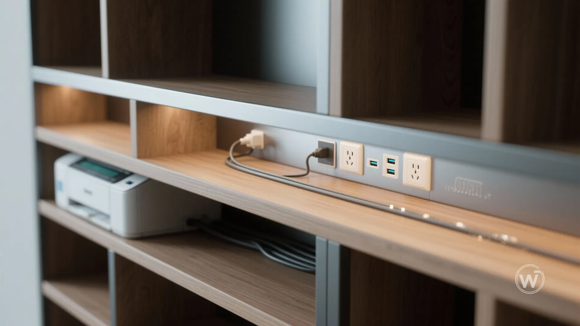 Wooden office cabinet with built in power outlets USB ports light strip and small printer