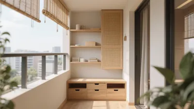 Serene Balcony Storage Design with Natural Materials
