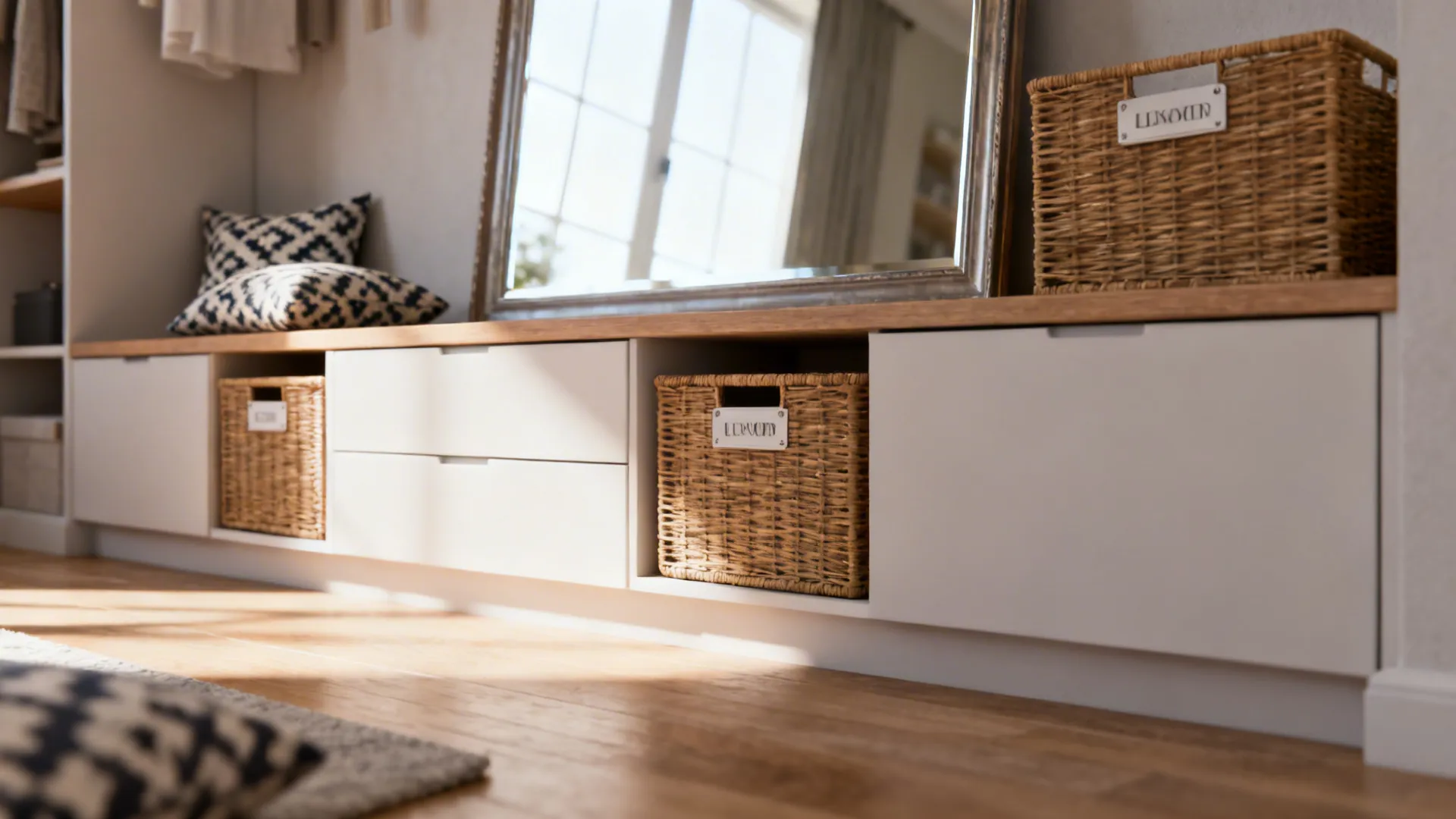 Low credenza with closed storage, baskets and a mirror reflecting light in a small living room