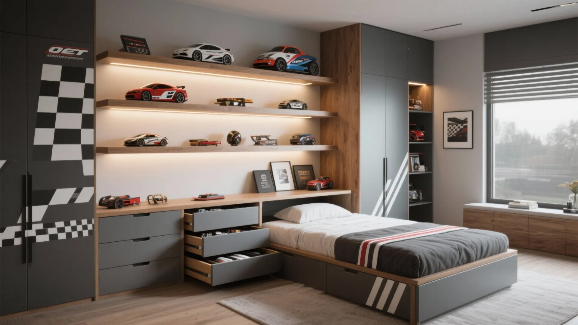 Wide view of smart storage disguised as racing gear with floating shelves, under-bed drawers and a low dresser.