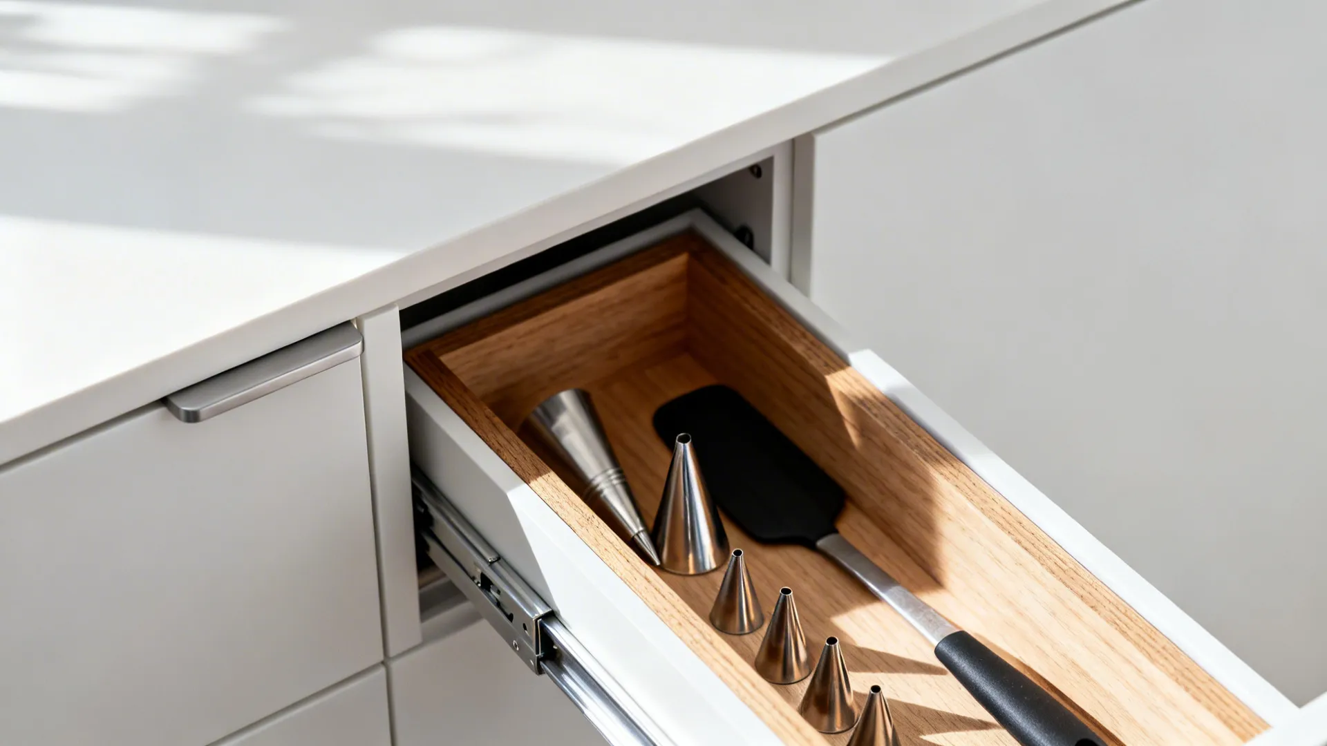 Macro of a handleless cabinet with a slim drawer organizer for icing tips.