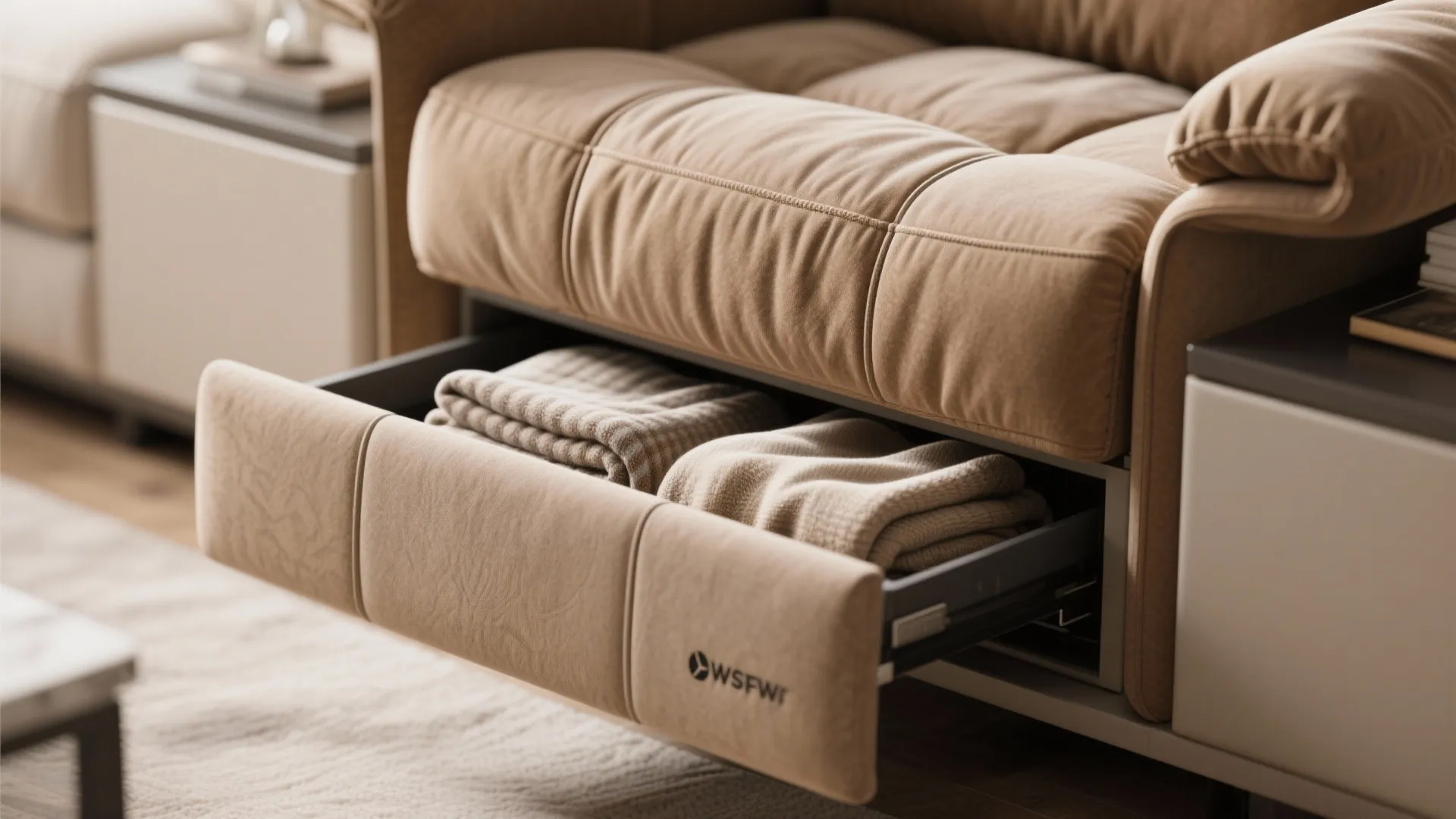 Close up of a beige sofa with an open storage drawer containing folded soft blankets