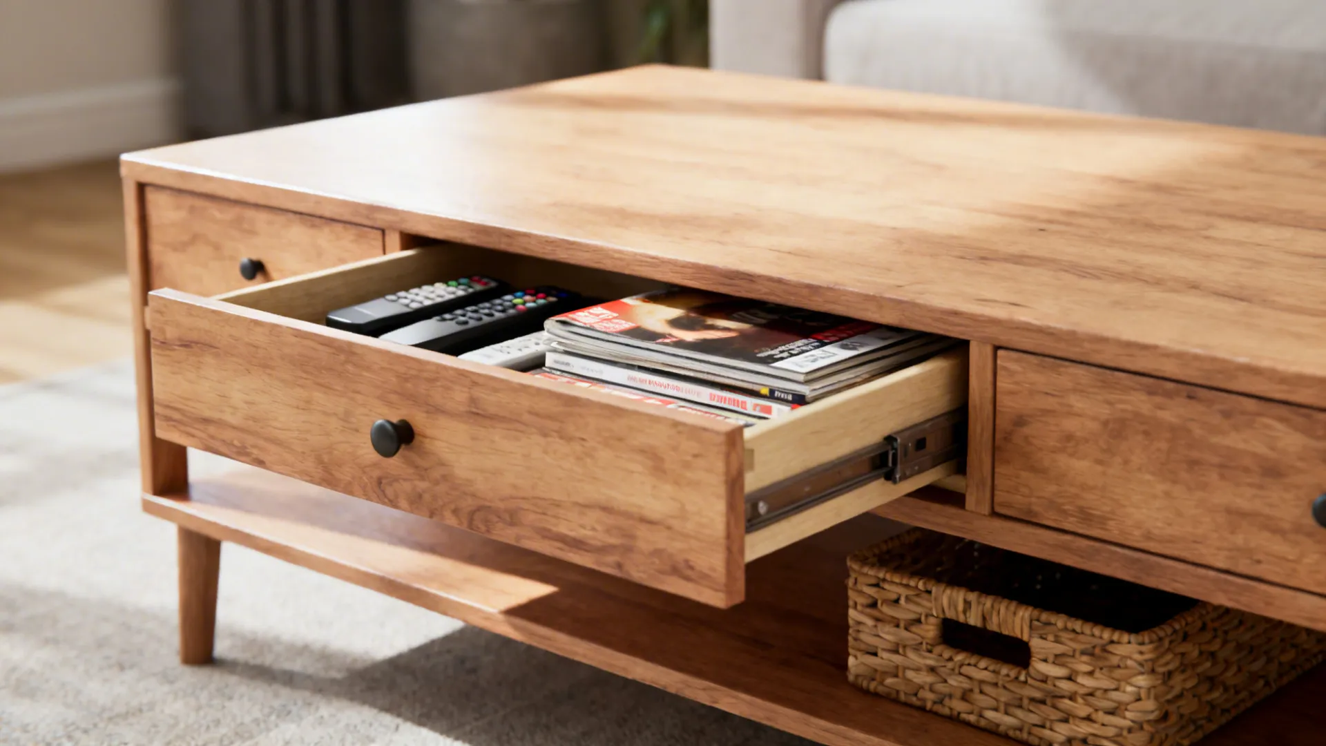 Close-up of a rectangular coffee table with hidden drawers and a slim lower shelf storing remotes and magazines