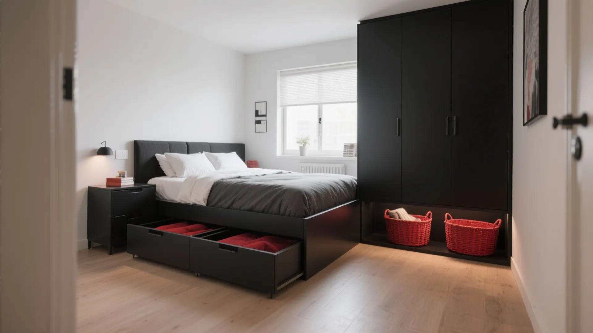 Black bed with storage drawers open showing red clothes next to a large black cabinet