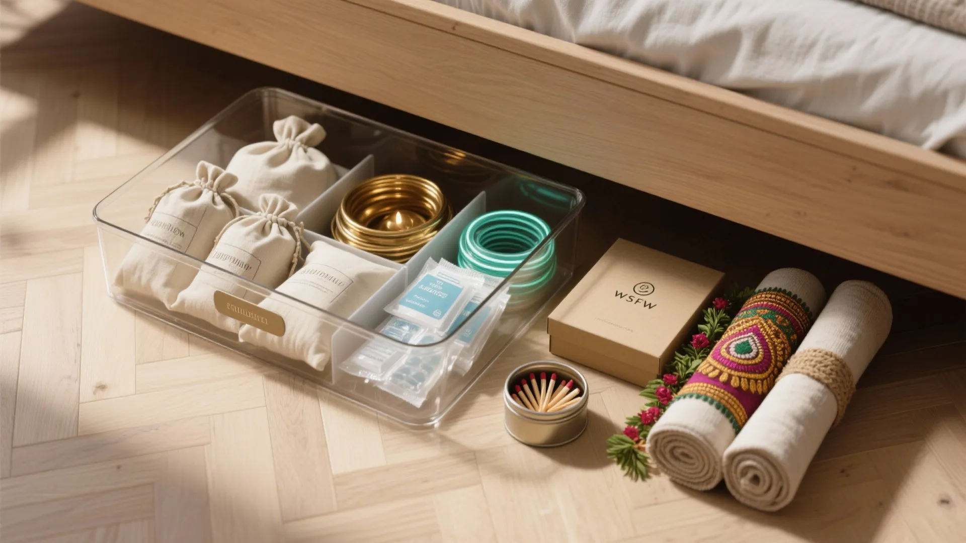 Clear plastic storage bin under wooden bed containing small white bags matches and rolled cloth