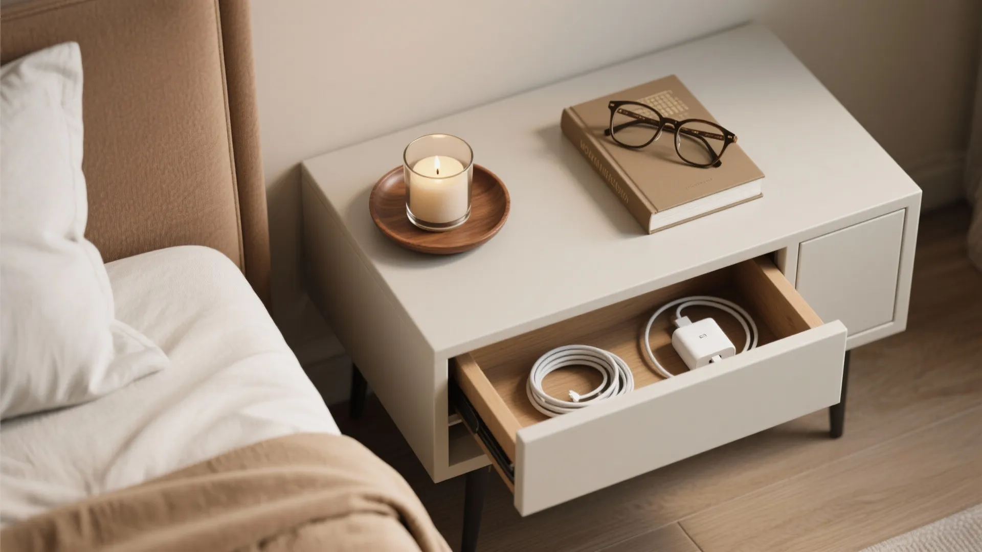 Minimalist white bedside table with candle book glasses and open drawer containing white phone charging cables