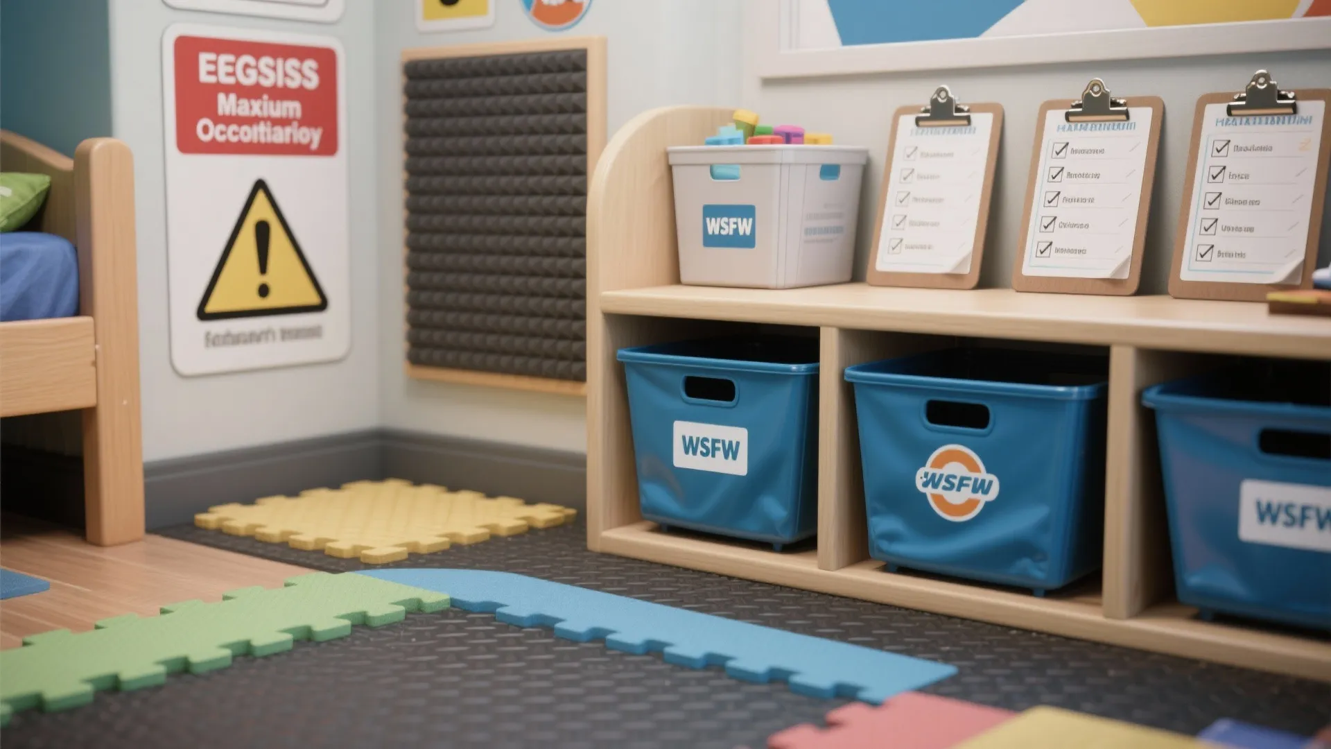 Low wooden storage cabinet with blue bins and clipboards next to a safety warning sign