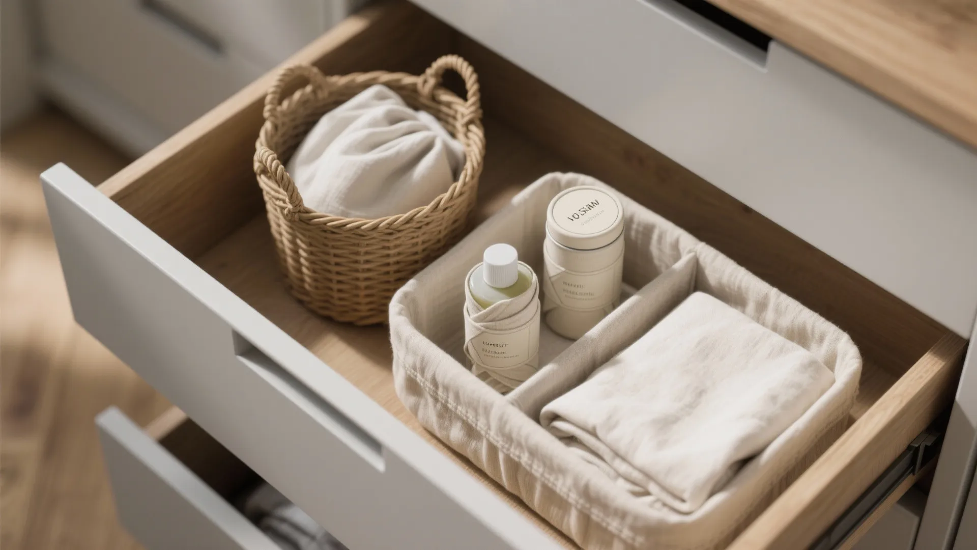 Open wooden drawer with woven basket and fabric organizer containing skincare products and folded soft towels