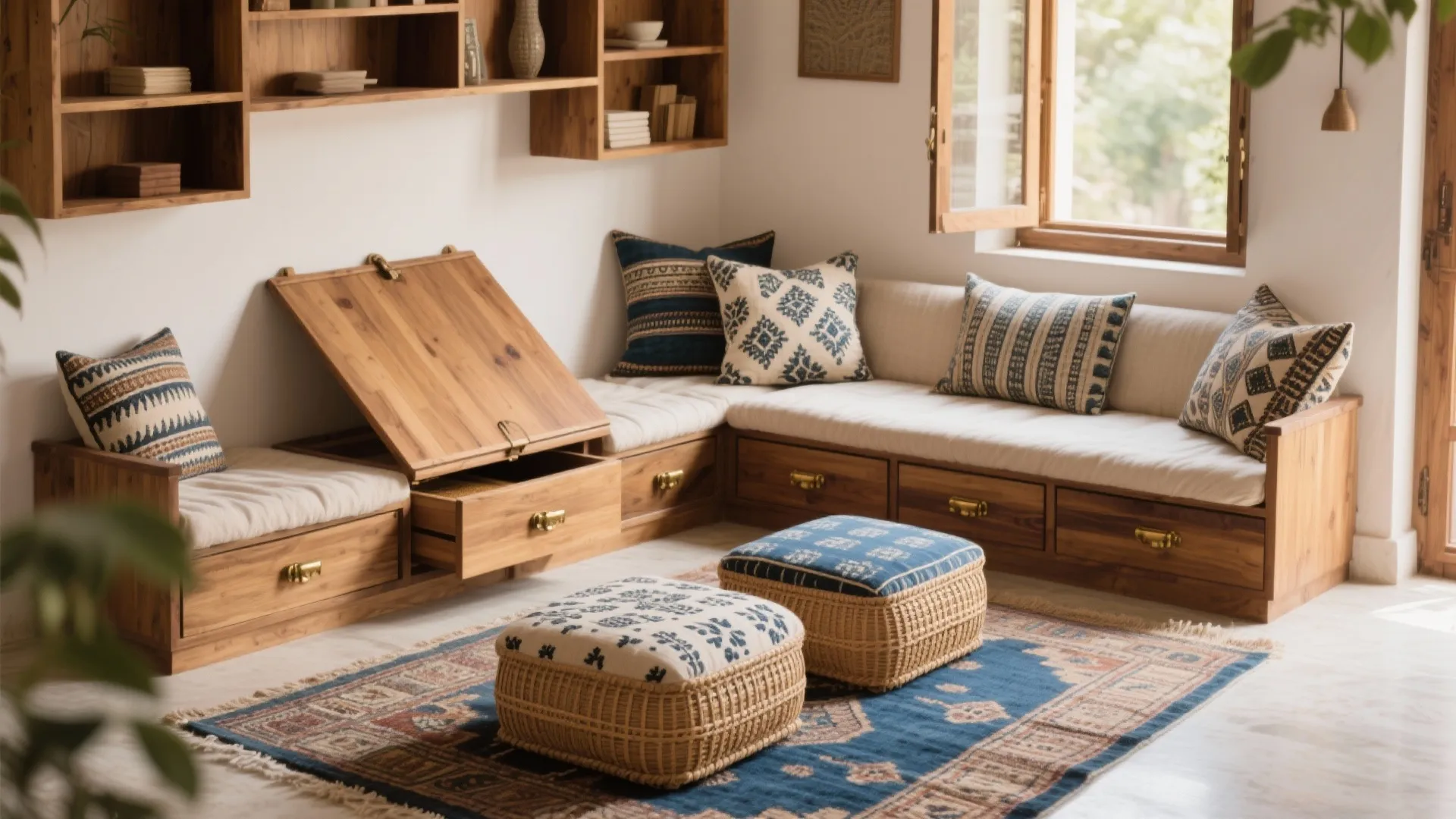 Wooden built in corner sofa with storage drawers open lid patterned pillows and two square footrests