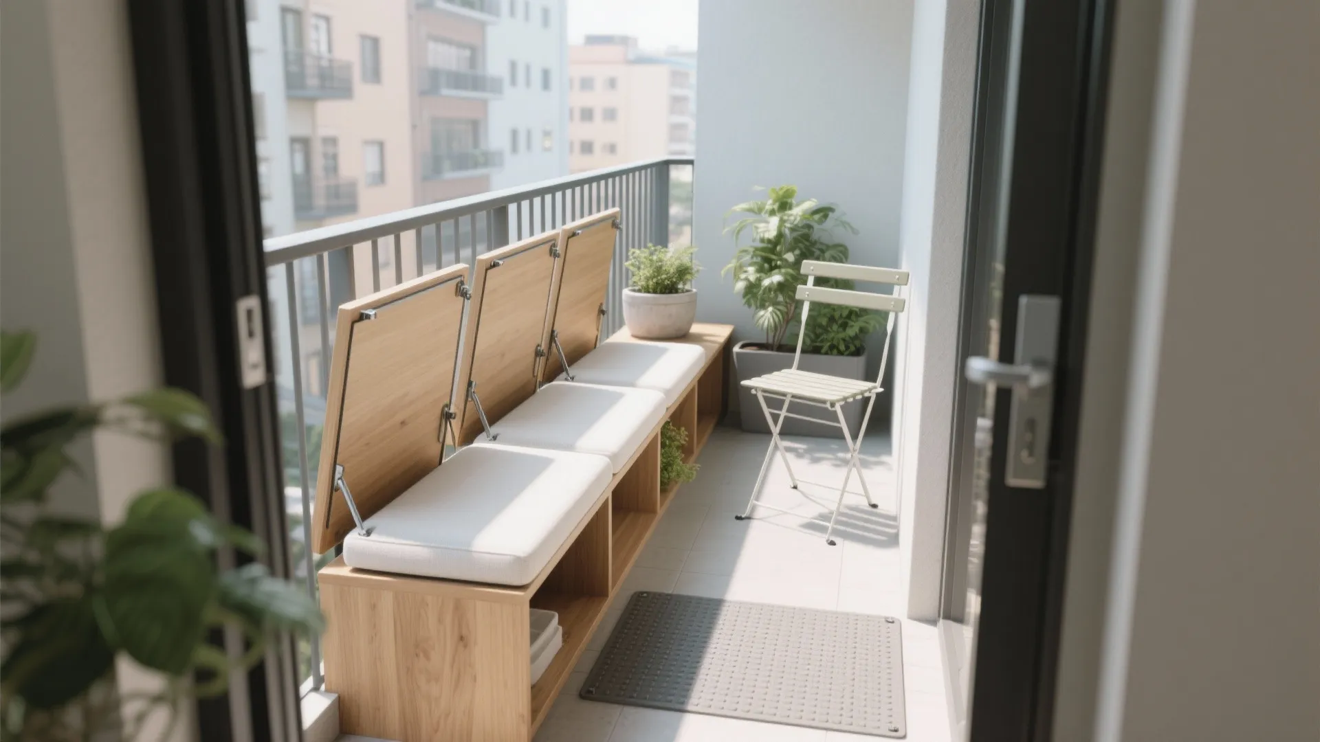 Minimalist balcony storage that doubles as seating