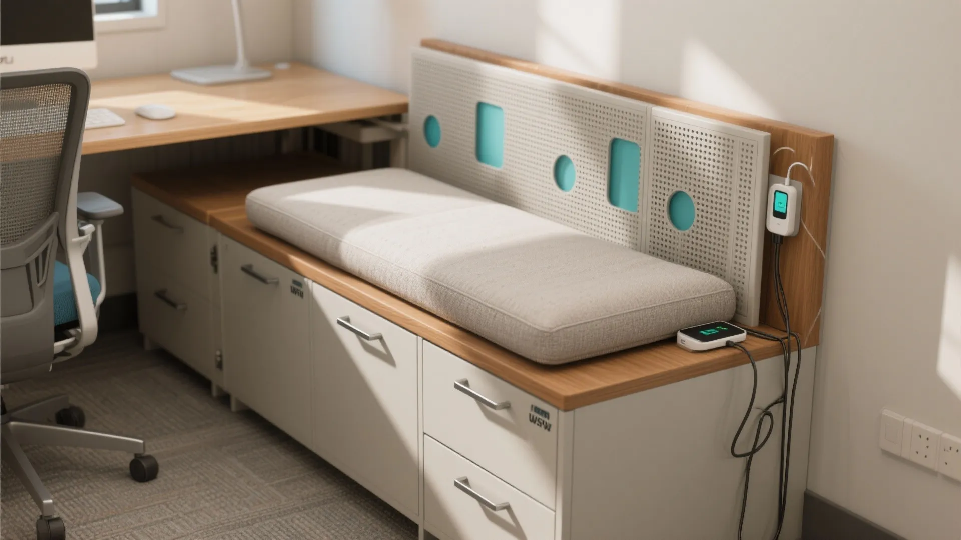 White storage cabinet with grey cushion seating next to a wooden desk and office chair
