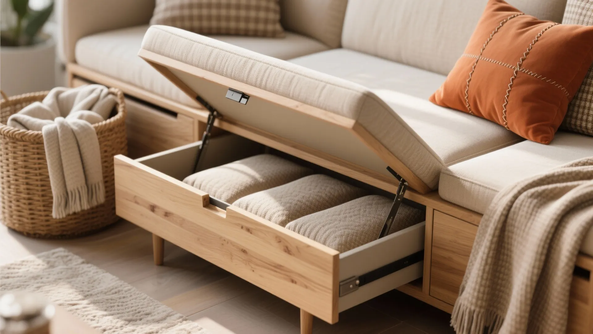 Wooden sofa with open seat storage showing pillows and blankets in bright modern living room