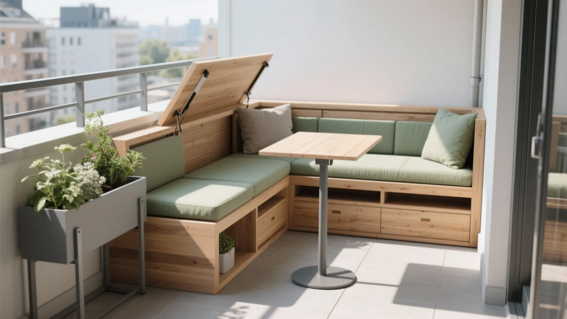 Wooden balcony sofa with green cushions featuring built in storage drawers and a small table