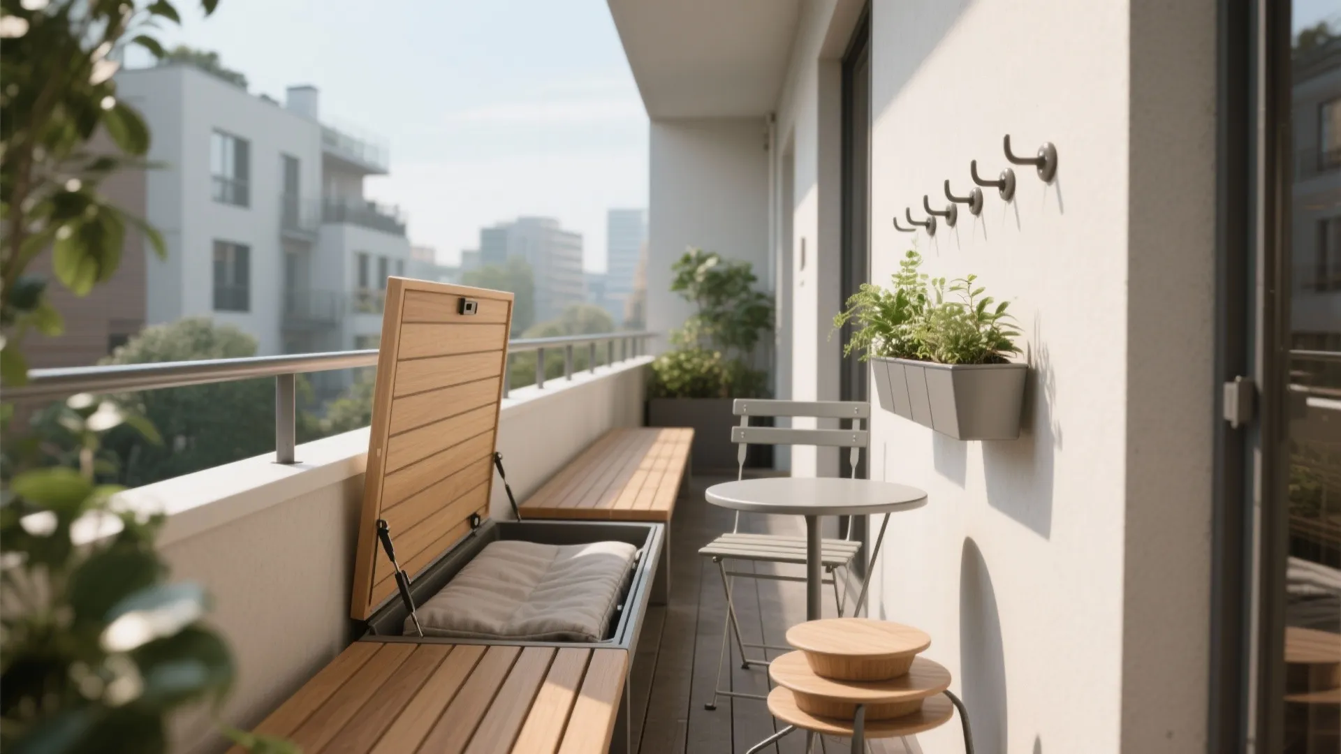 Minimalist balcony storage that doubles as seating