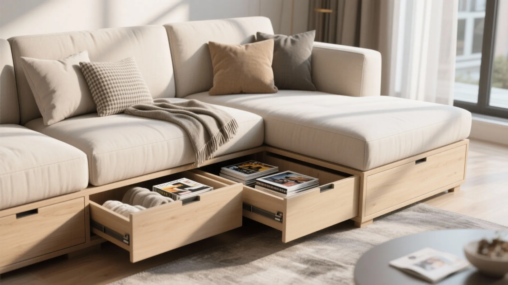 Detail of sectional sofa with open built-in storage drawer