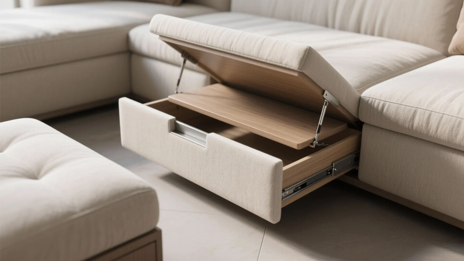 Close up of beige sofa with hidden wooden storage drawer and pull out seat function feature