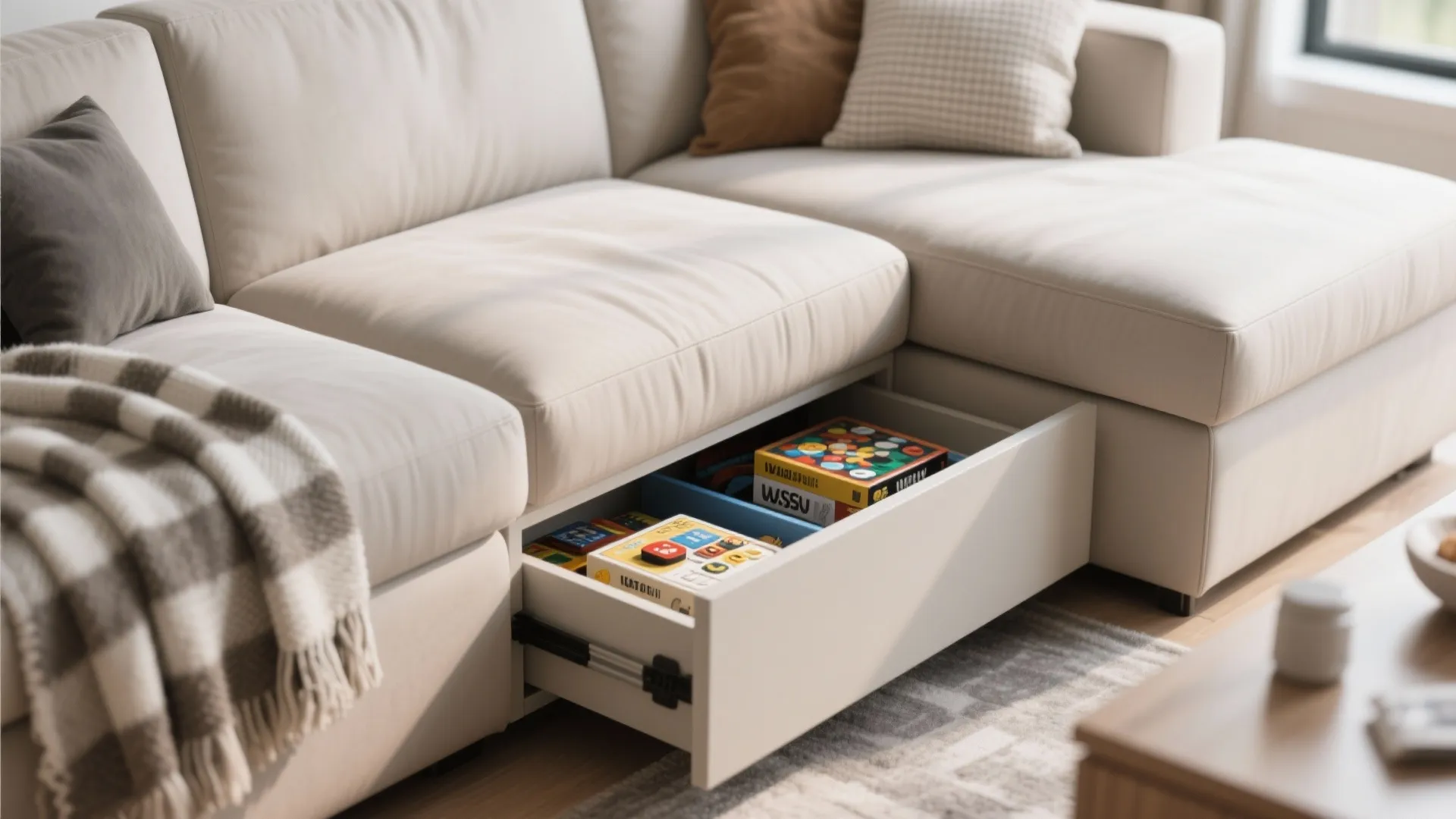 Close up of beige sofa with built in storage drawer containing board games and colorful boxes