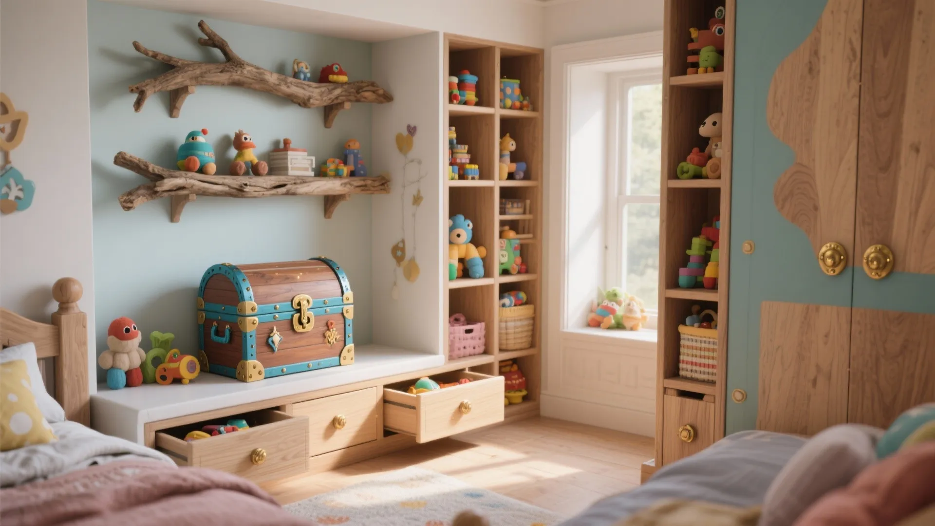 Child room storage area with wooden shelves treasure chest toy drawers and tree branch wall