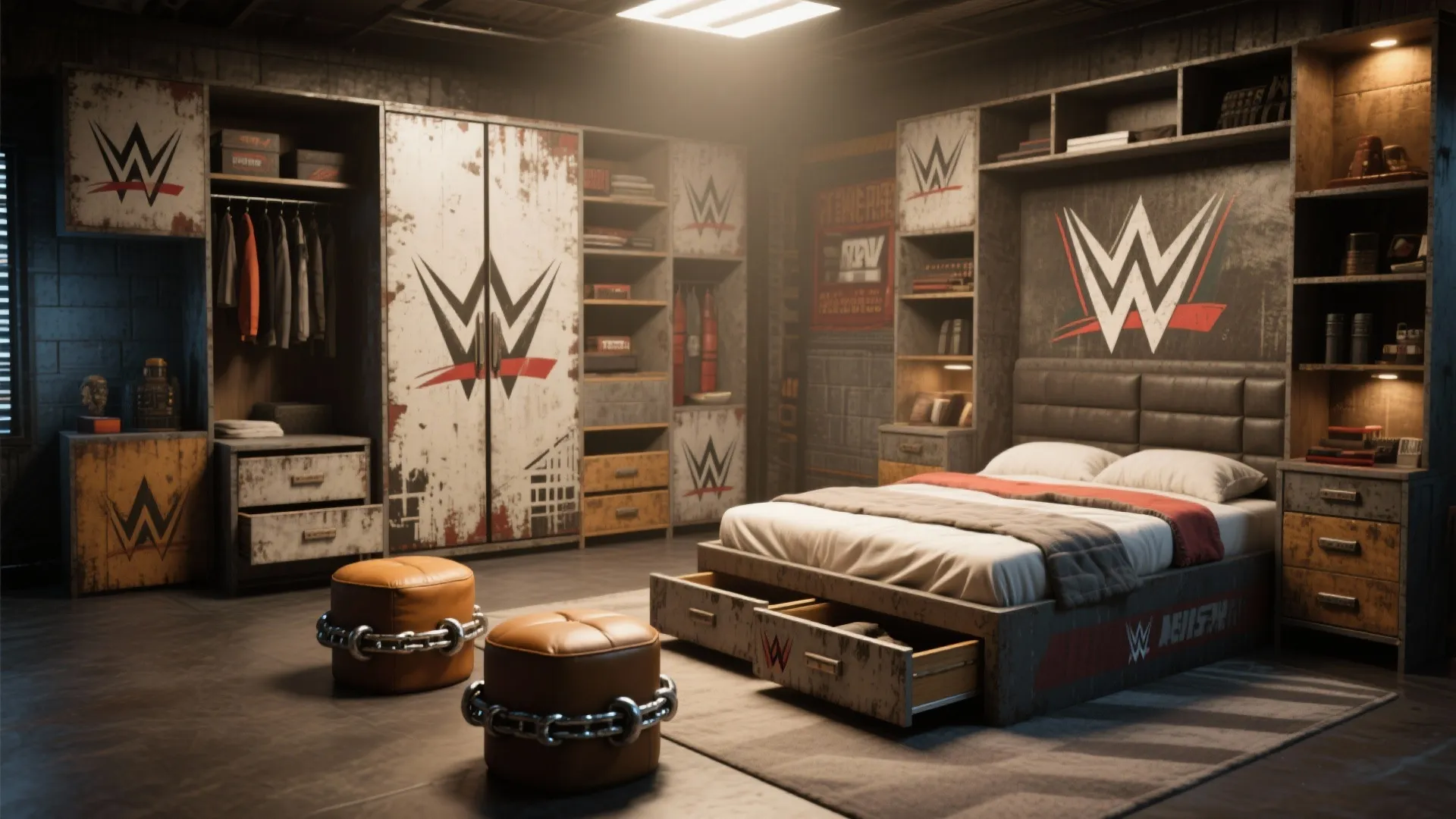 Industrial style bedroom featuring wrestling themed storage cabinets bed and two leather footrests with chains