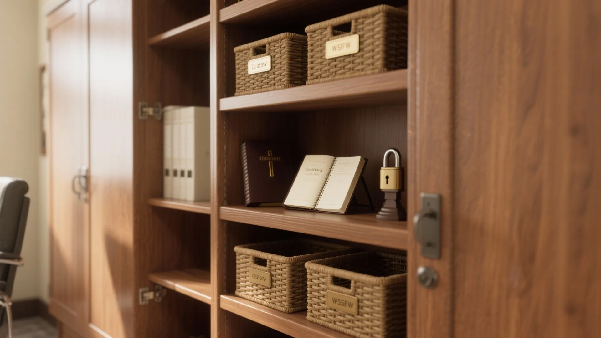Wooden storage cabinet shelves holding woven baskets and books in an organized home office setting