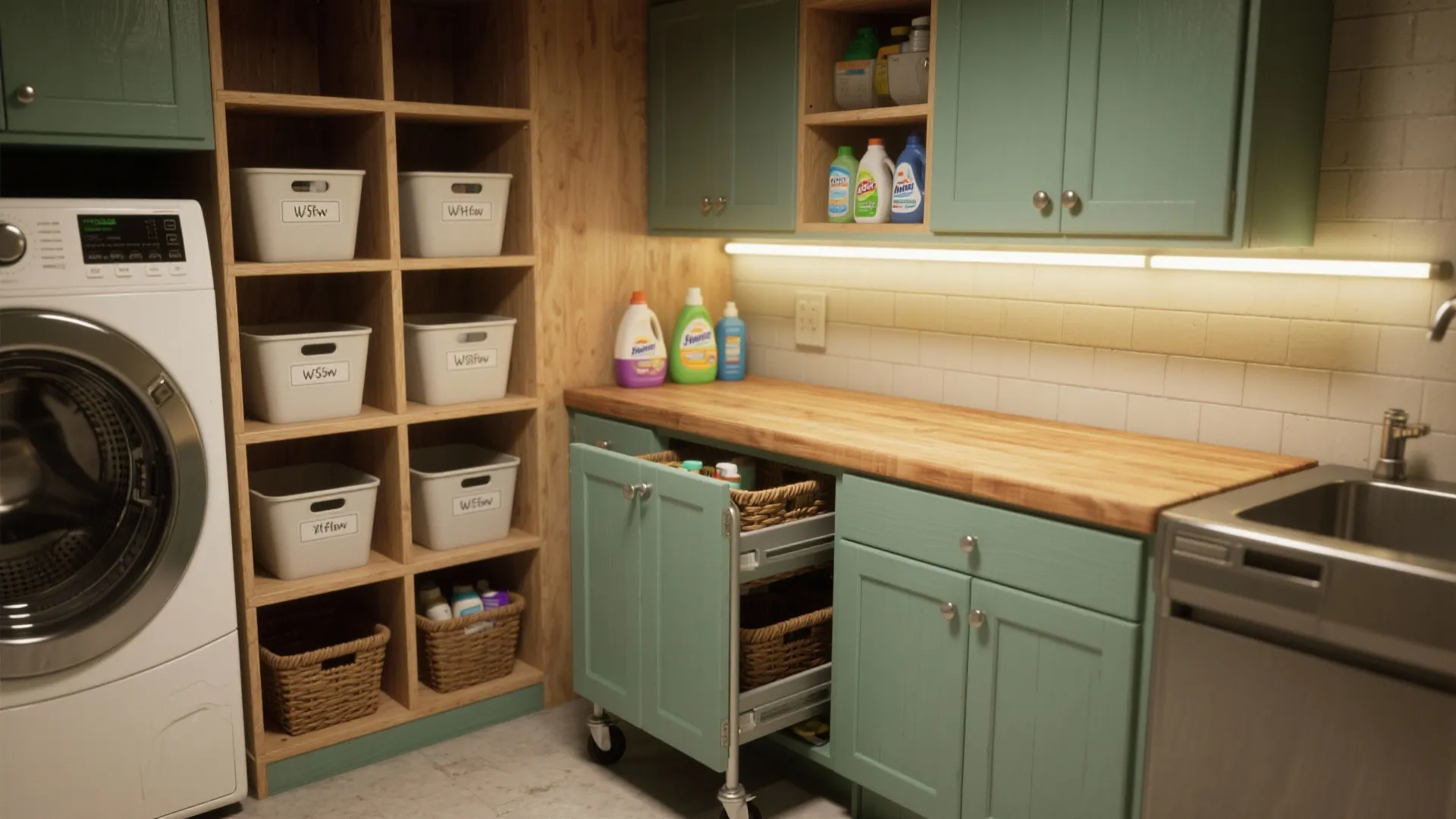 4. Built-in storage: open shelves, cabinets and rolling carts