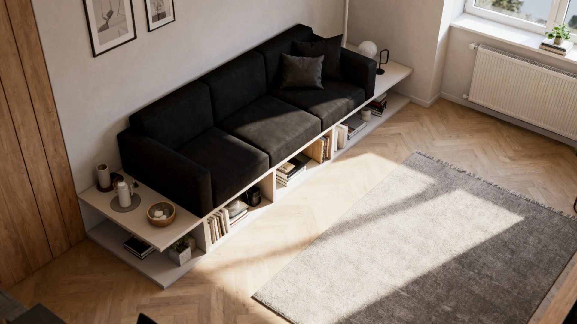 Compact living room with a black sofa, low storage and floating shelves in a functional layout.