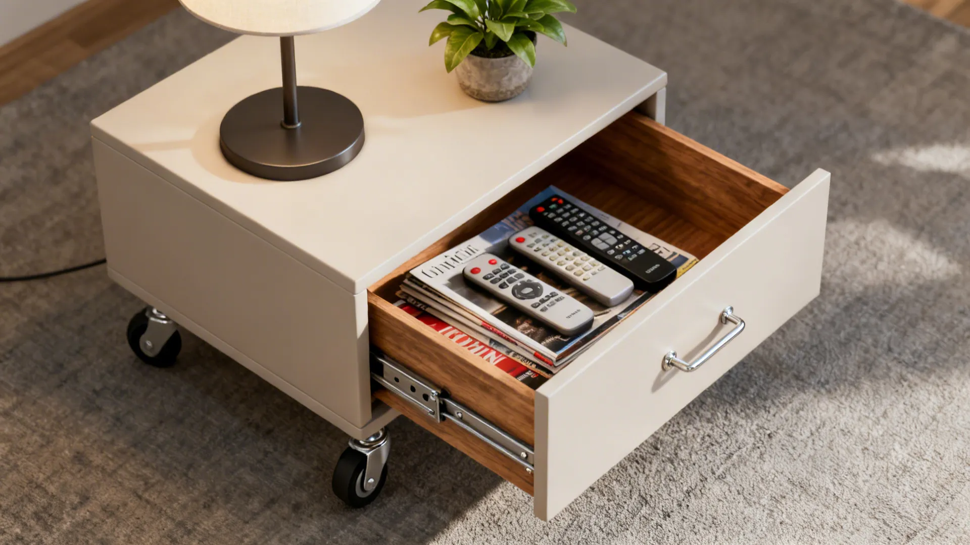 Compact side table with a soft-close drawer open showing hidden storage for remotes and magazines.