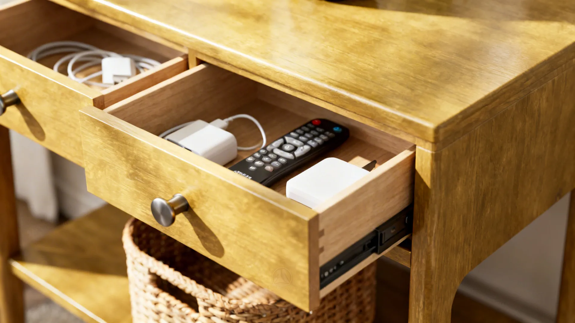 Side table with shallow drawers and a lower shelf basket holding remotes and chargers