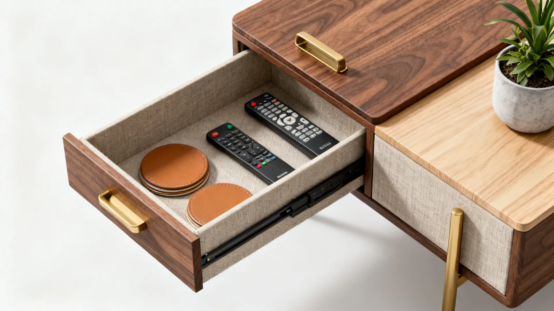 Wooden side table with open drawer holding two remote controls and two brown coasters inside