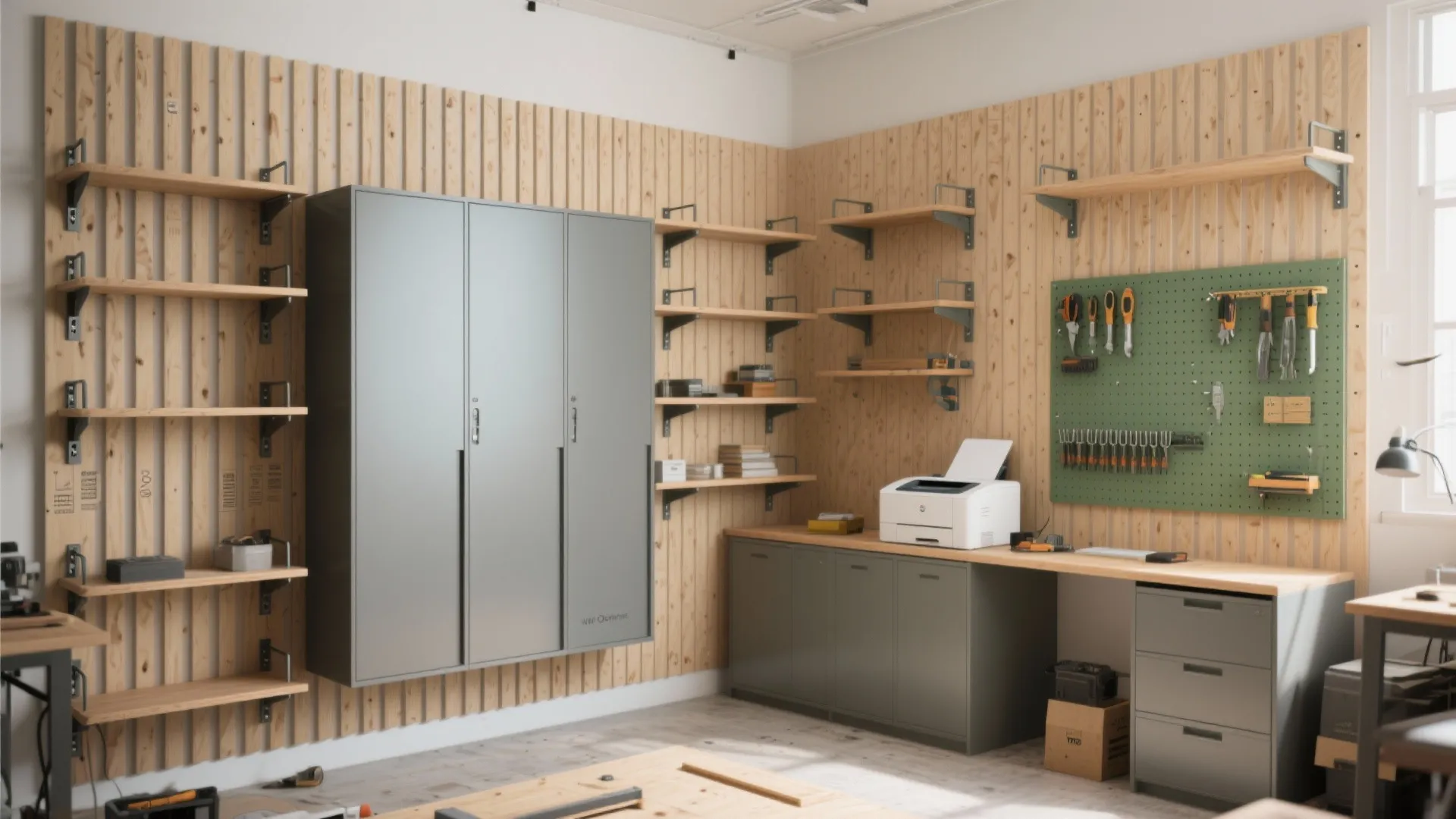 Workshop with wood wall panel grey cabinet open shelves work table tools and a white printer