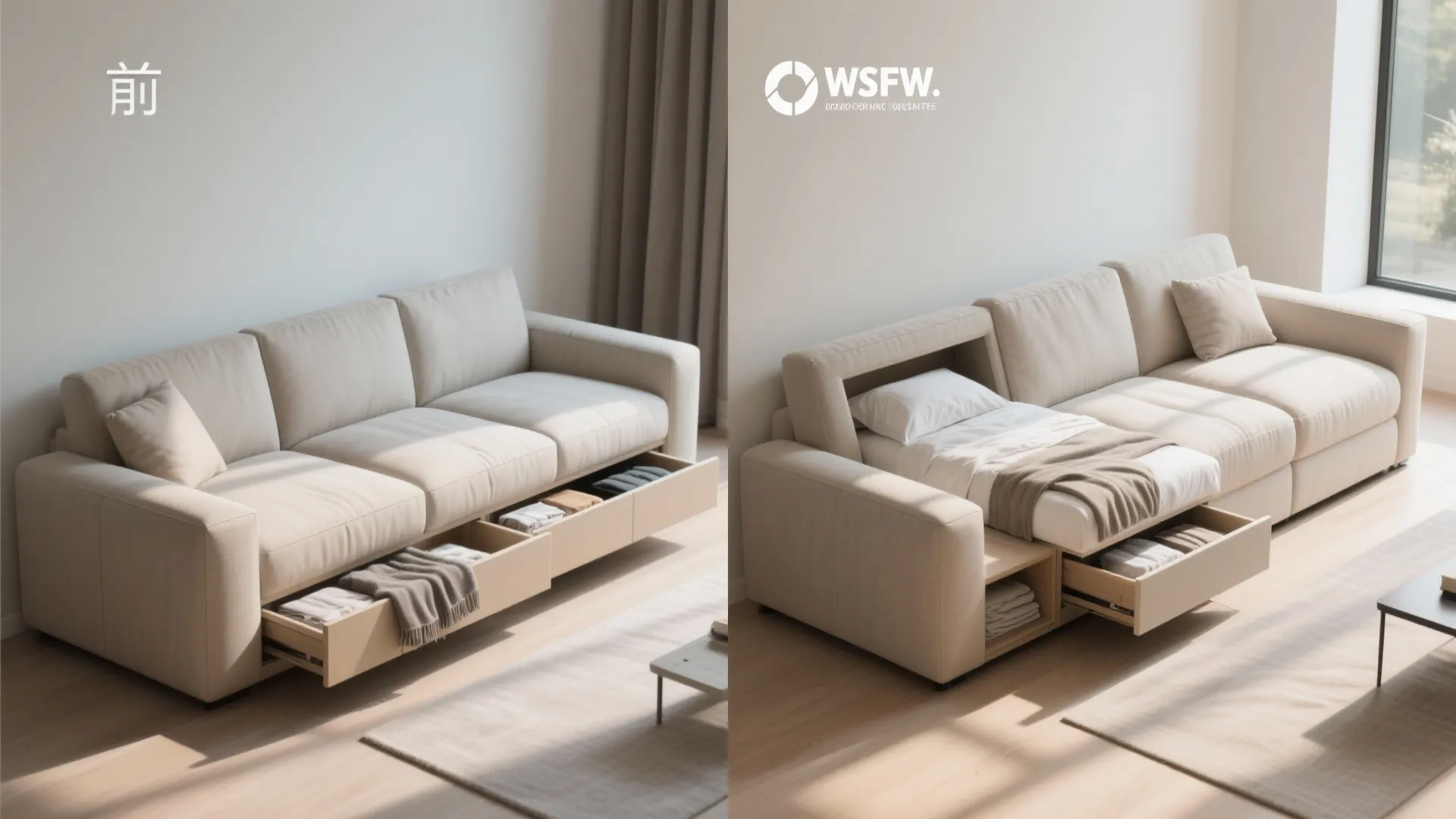 Sectional with hidden storage and pull-out sleeper shown closed and open for dual-function living.