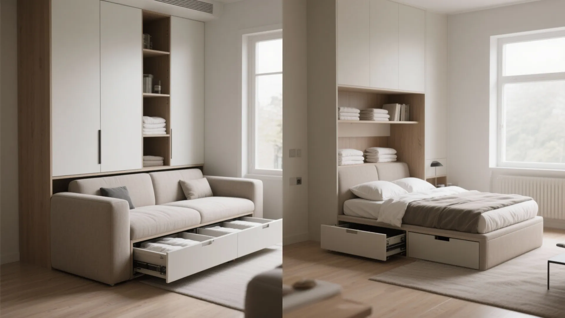 Multi functional furniture showing a sofa with drawers and a bed with built in storage