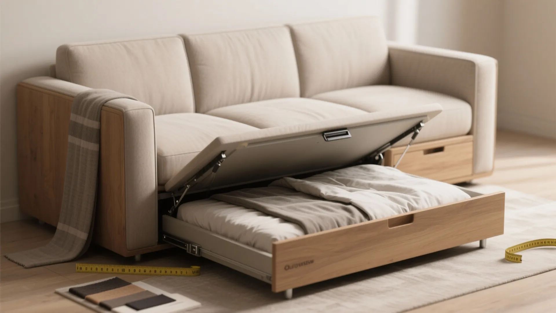 Cream sofa with open wooden storage drawer containing bedding, fabric samples, and yellow measuring tape
