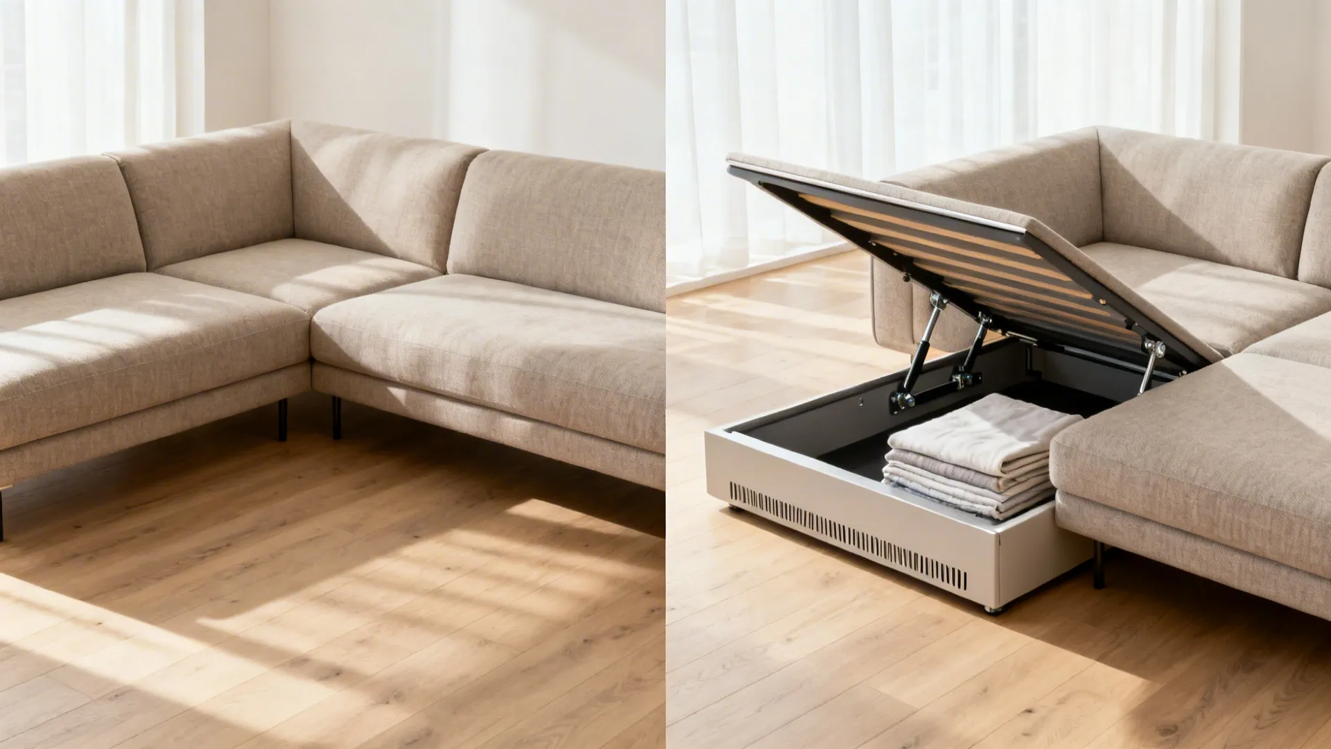 Before-and-after of a compact living room using a slim-base L-shaped storage sleeper.