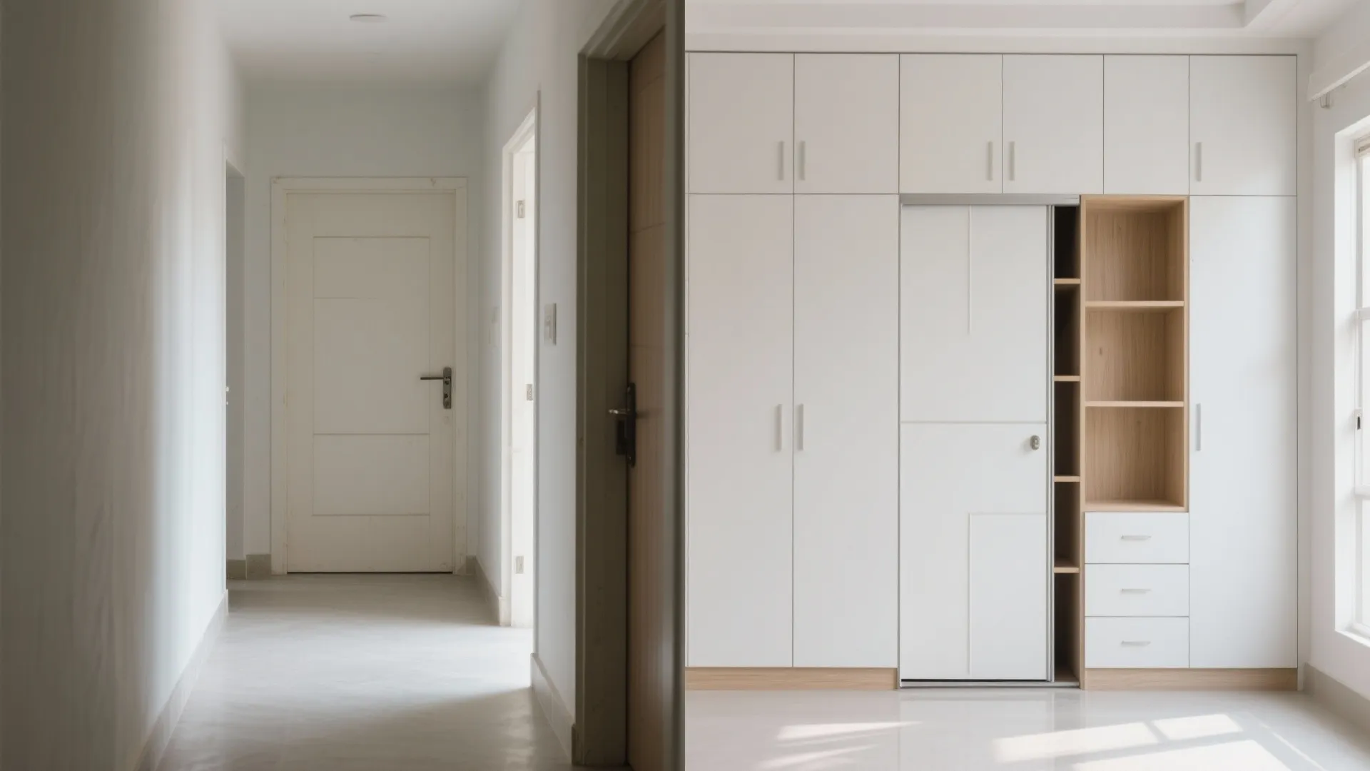Built-in storage walls and sliding doors