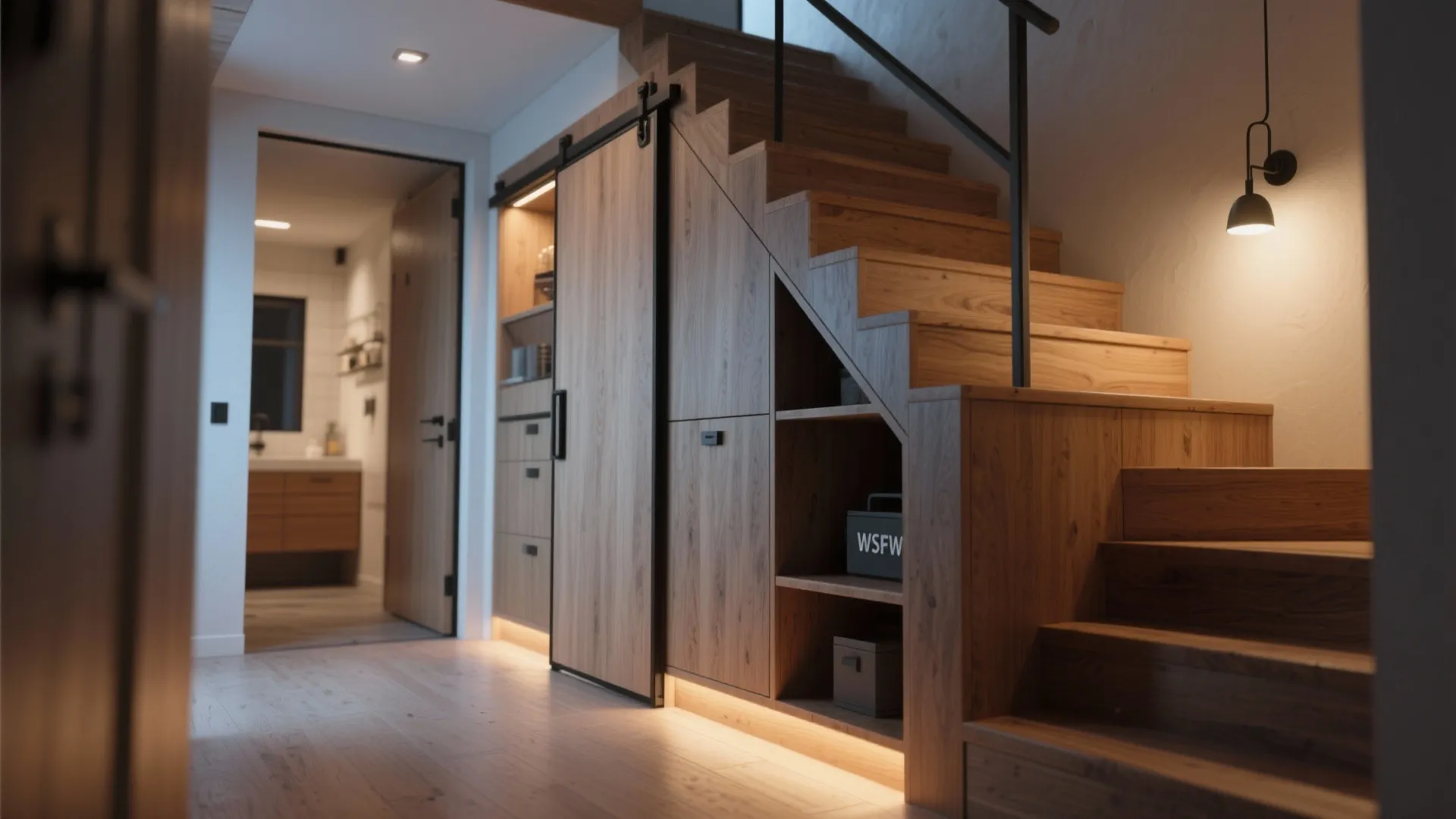 Built-in under-stair storage and a sliding pocket door showcasing space-saving solutions.