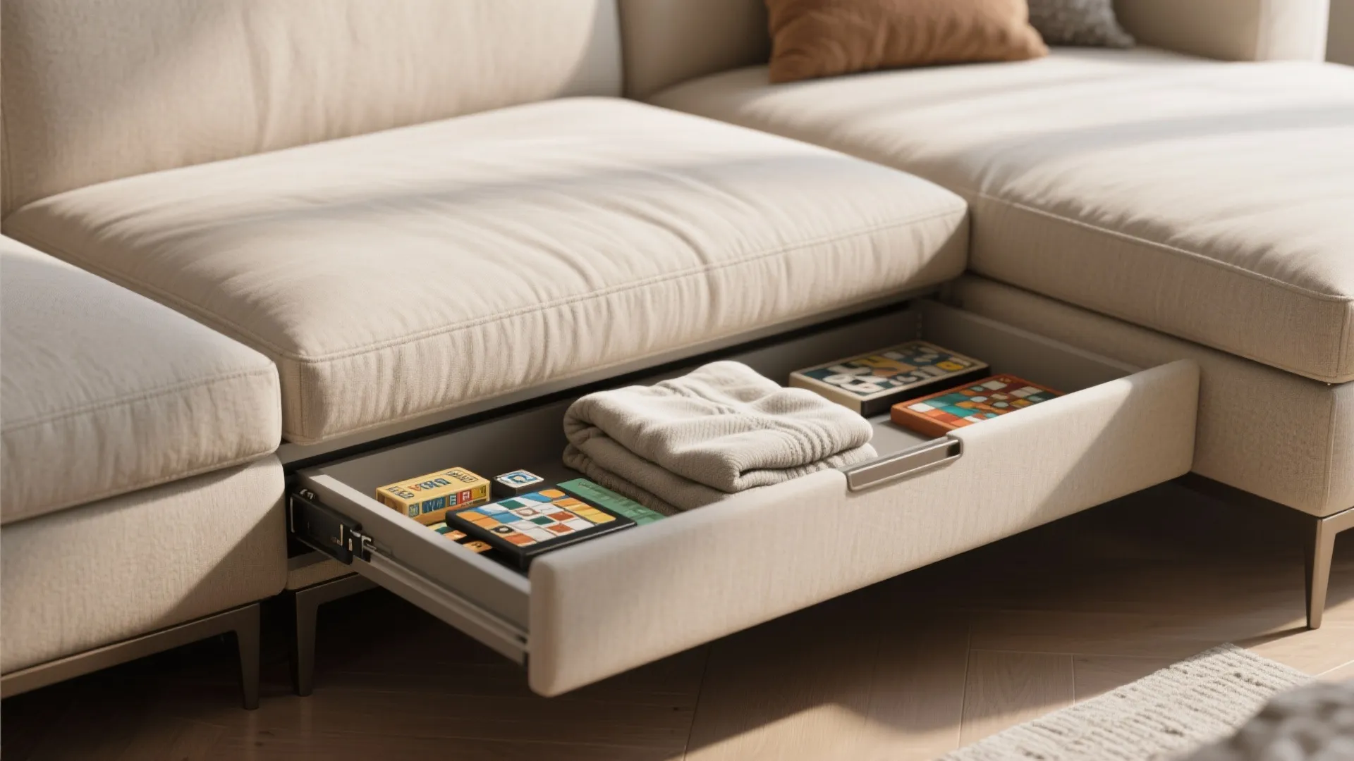 Beige sofa with a built-in storage drawer underneath containing folded clothes and some board games