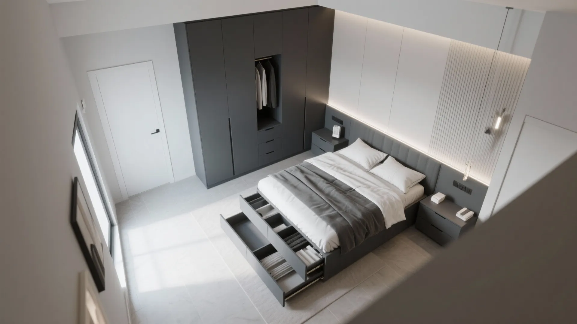 Modern grey bedroom with storage bed and large wardrobe including shelves and hanging clothes area