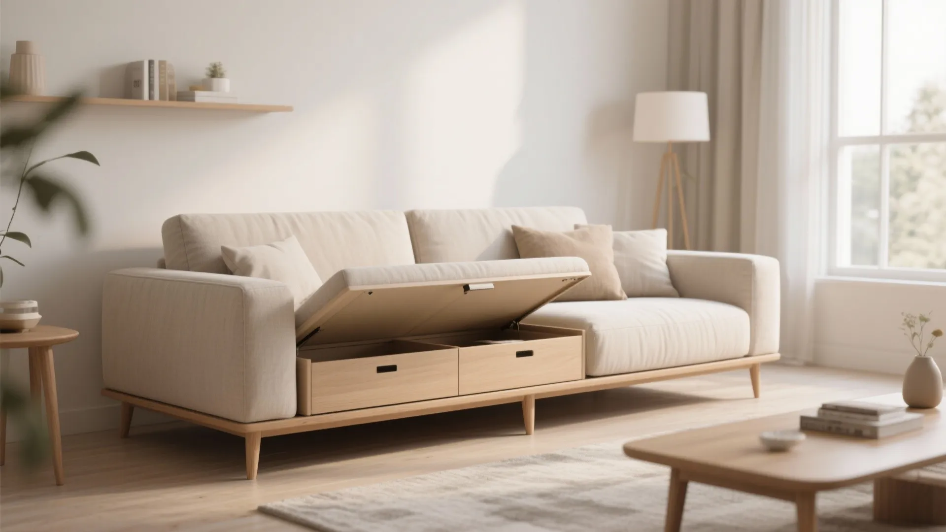 Beige sofa with hidden storage space open showing wooden drawers in a bright living room
