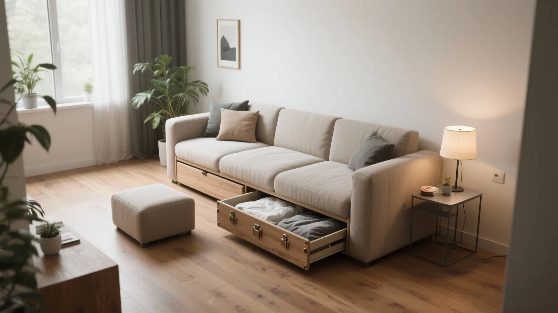 Beige sofa with open wooden storage drawers showing clothes in a sunny modern living room