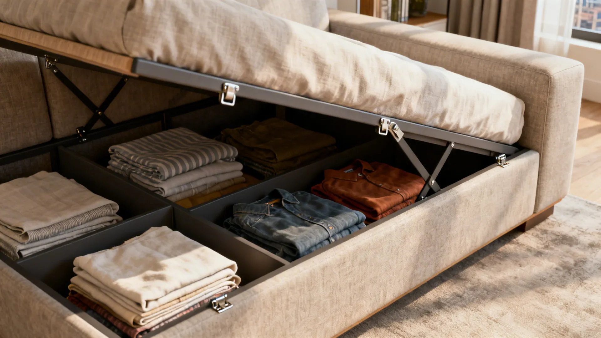 Storage sofa bed with under-seat compartment open showing linens and clothing.